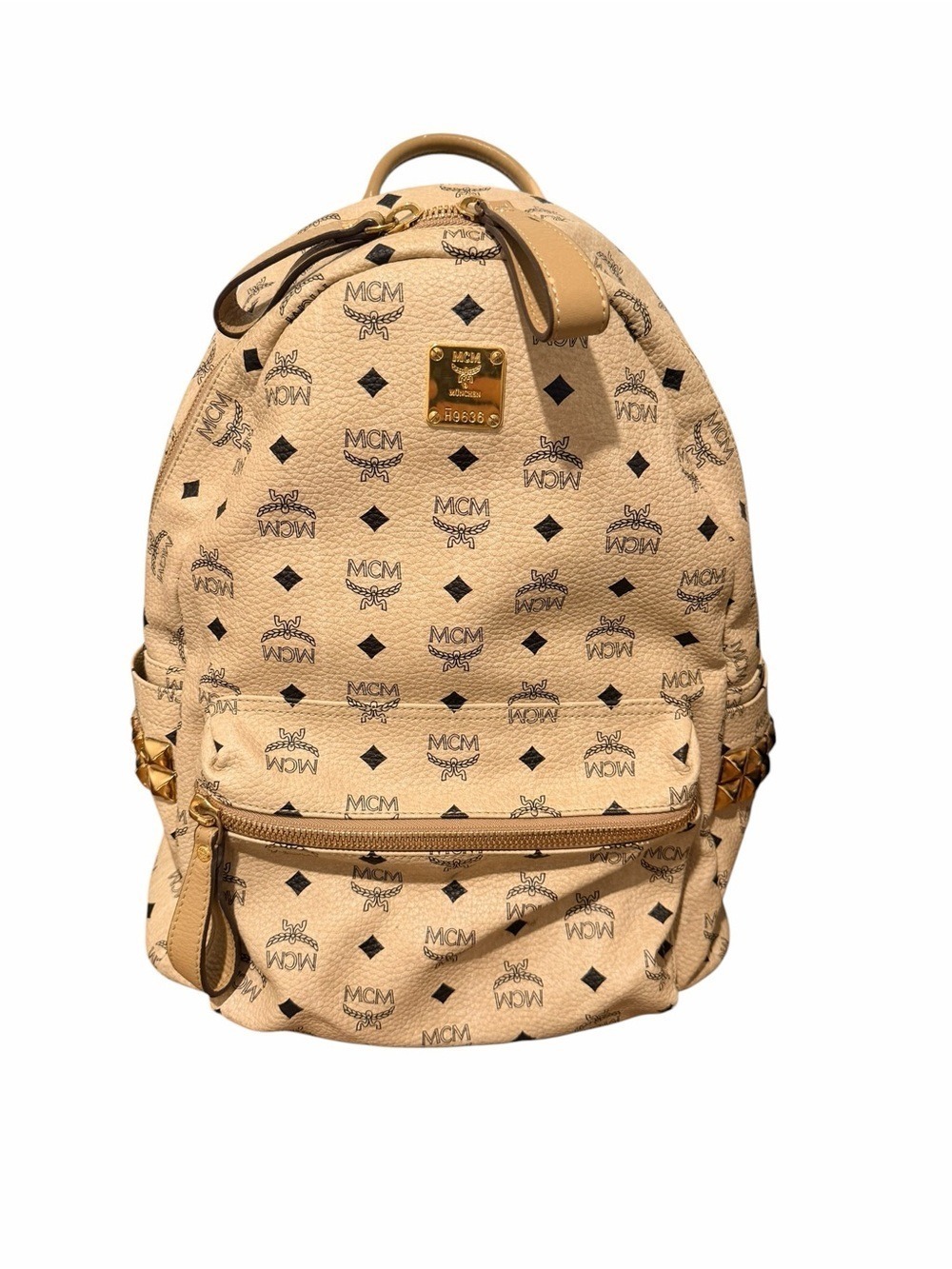 MCM Beige Visetos Monogram Leather Backpack with Gold Hardware
